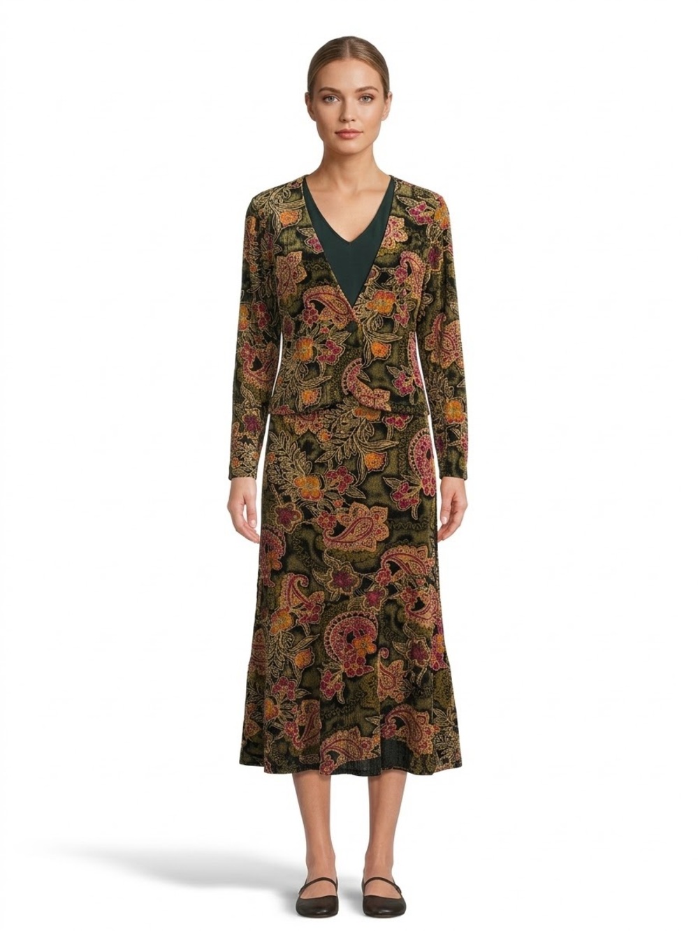 Mirasol Olive Paisley V‑Neck Long Sleeve Midi Dress with Pink & Gold Accents